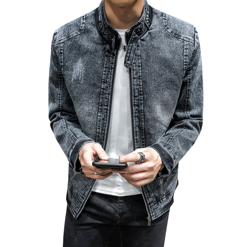Denim men's new standing collar cotton slim fit casual trend Korean version solid color youth denim jacket_ipsvogv.com