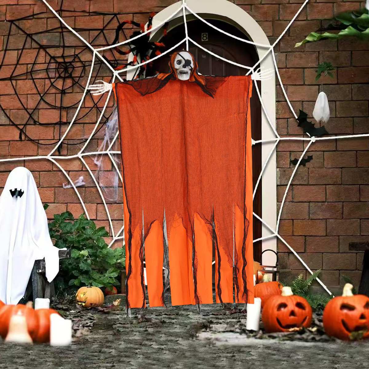 Accesorios de decoración de Halloween, gasas de calavera, muecas, fantasmas colgantes, adornos en la puerta de la casa embrujada, cabezas de calabaza colgantes, fantasmas de terror