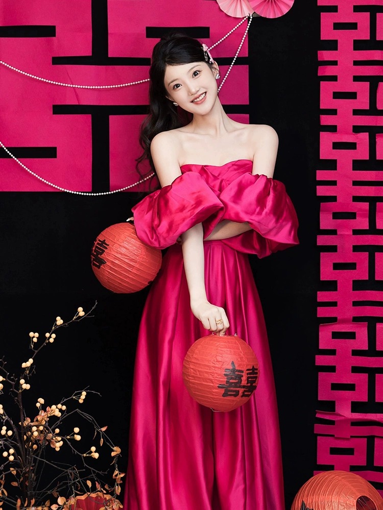 Rose Red toast dress morning gown female bride engagement dress high-end light luxury niche off-shoulder tube top dress