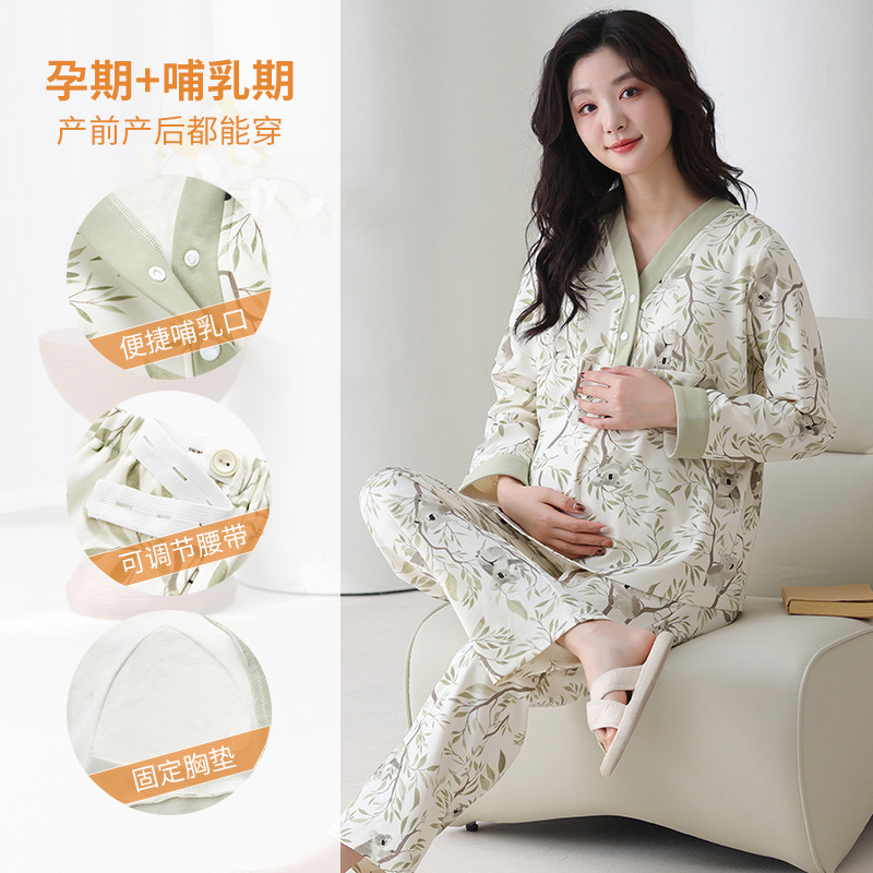 Plus Size Pure Cotton Maternity Pajamas for Women Spring and Autum Postpartum Nursing Confinement Clothes Nursing Kimono with Breast Pads Home Clothes