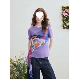 现货夏季新款时尚不规则印花布拼接短袖t恤女小众设计学生chic女