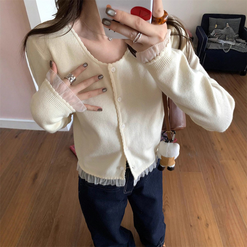 温柔风拼接设计感蕾丝花边针织开衫女秋季新款小个子短款毛衣外套|undefined