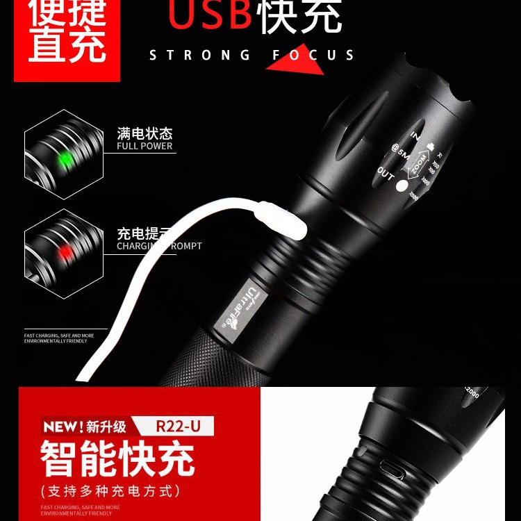 Al por mayor nueva linterna recargable USB portátil de alta potencia de largo alcance al aire libre de múltiples funciones de luz LED de conducción nocturna