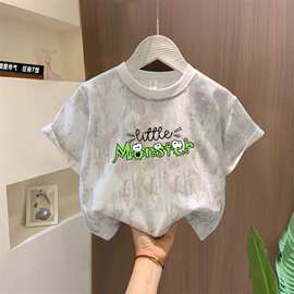 男女儿童夏季扎染帅气纯棉亮片透气上衣中大童洋气卡通打底衫