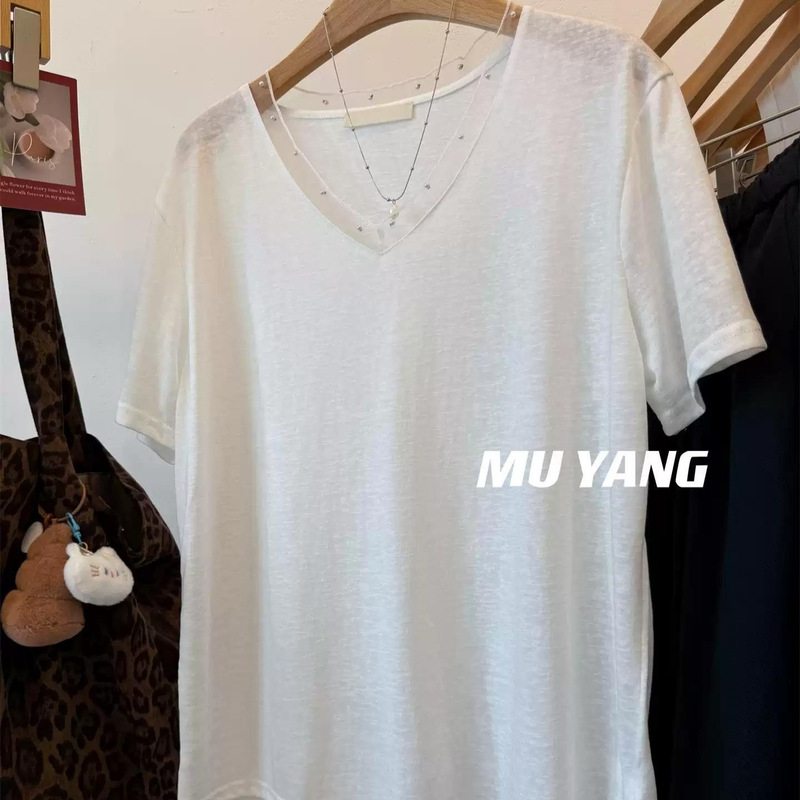 Muyang Is in Love with It~ Pearl-Edged Snowflake Cotton Short-Sleeve T-Shirt for Women, Korean Style, Simple, Loose, Versatile, Thin Top