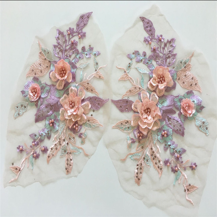彩色立体花朵钉珠钻网纱刺绣蕾丝布贴补丁衣礼服装饰辅料DIYJX545