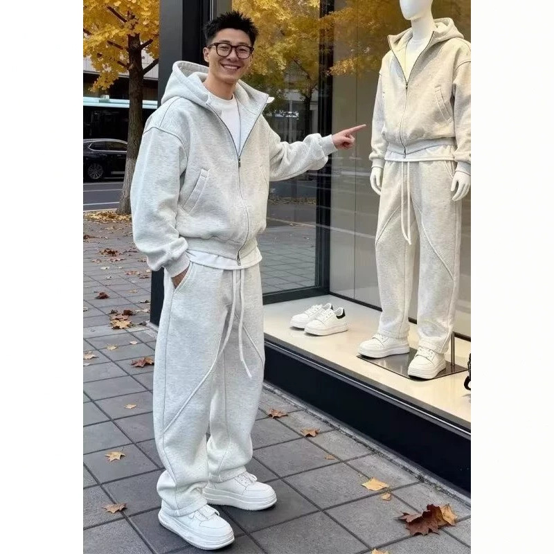 慵懒休闲运动套装男士春秋冬季加绒连帽卫衣男装一套搭配弯刀卫裤