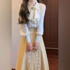春季新款设计感蝴蝶结长袖衬衫+高腰显瘦半身裙时尚两件套装裙子