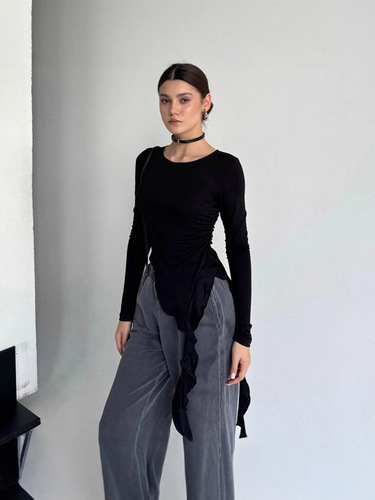 Women's Unstructured Collared T-shirt with Hemming and Lace Trim, Autumn 2024 Collection