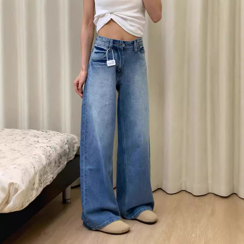 Vintage Blue Washed Wide-Leg Jeans for Women, New Low-Waist Slimming Loose Drape Straight-Leg Pants, Floor-Length Trousers