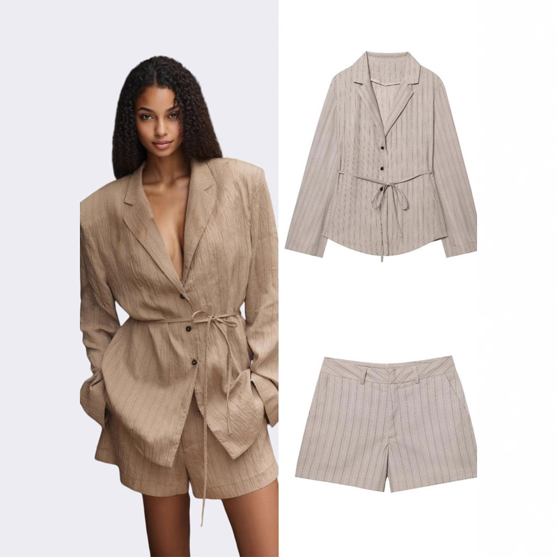 2025 New Women's Slim Belt Stripesd Suit Jacket + Strap Mini Shorts Suit Y13-21015