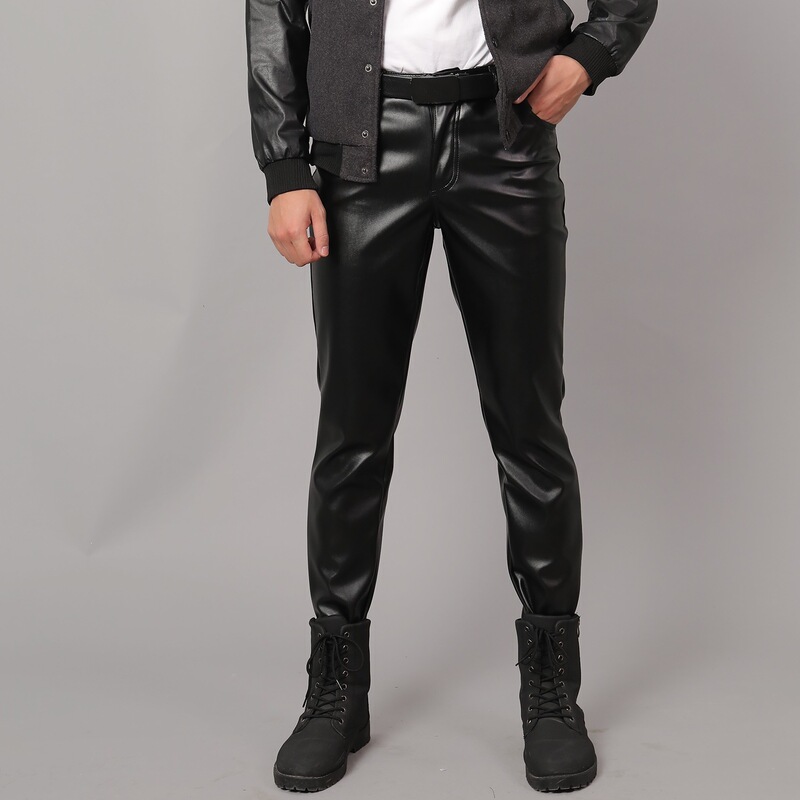 Cross-Border Spring and Autumn Korean Style Slim-Fit Leather Pants for Men, Skinny Elastic Trendy Biker Leather Pants, Men's Fleece-Lined Long Pants Cross-Border Spring and Autumn Korean Style Slim-Fit Leather Pants for Men, Skinny Elastic Trendy Biker Leather Pants, Men's Fleece-Lined Long Pants