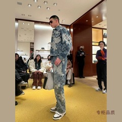 ハイストリートルーズ織りチェッカーボードダメージソルトウォッシュ長袖ストレートヒップホップモザイクブルーデニムスーツ男性と女性用