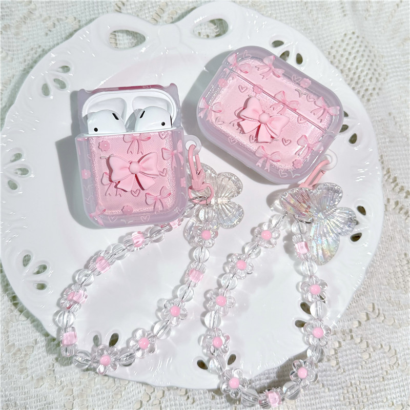 Gradient Pink Bow Suitable for Airpods4 Apple Bluetooth Headphone Case Pro2/3 Generation Transparent Protective Cover