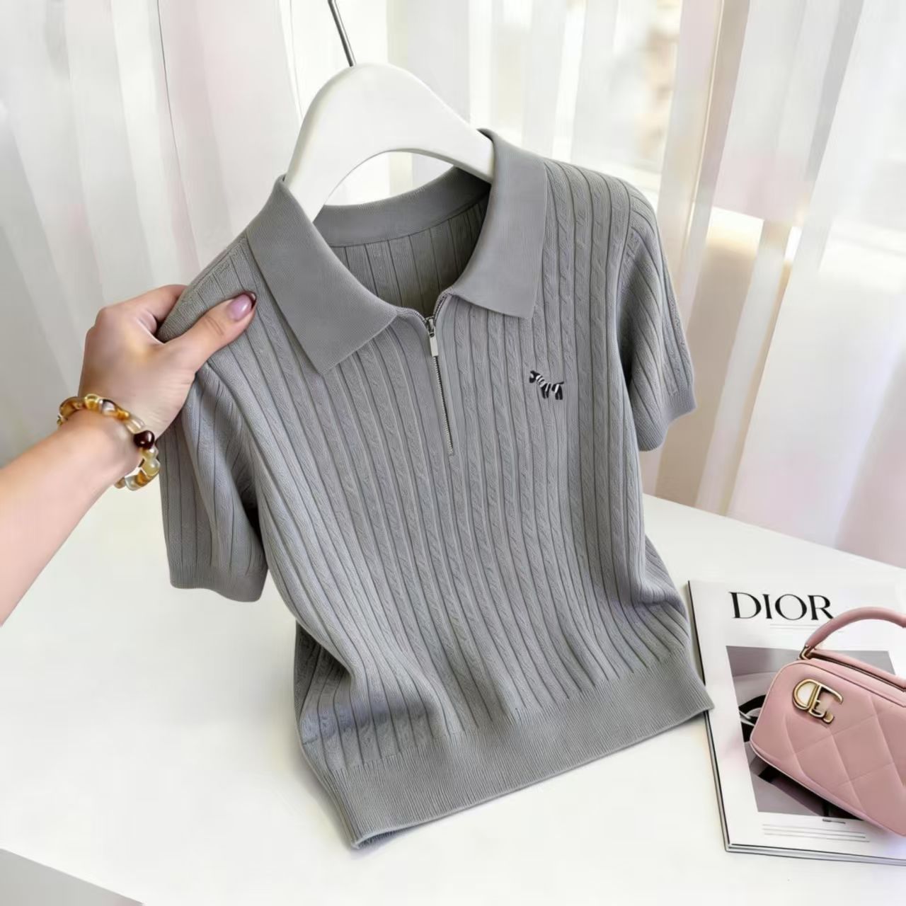 Áo thun nữ cổ Polo phối khóa kéo tay ngắn kiểu mới — trắng chi tiết 1