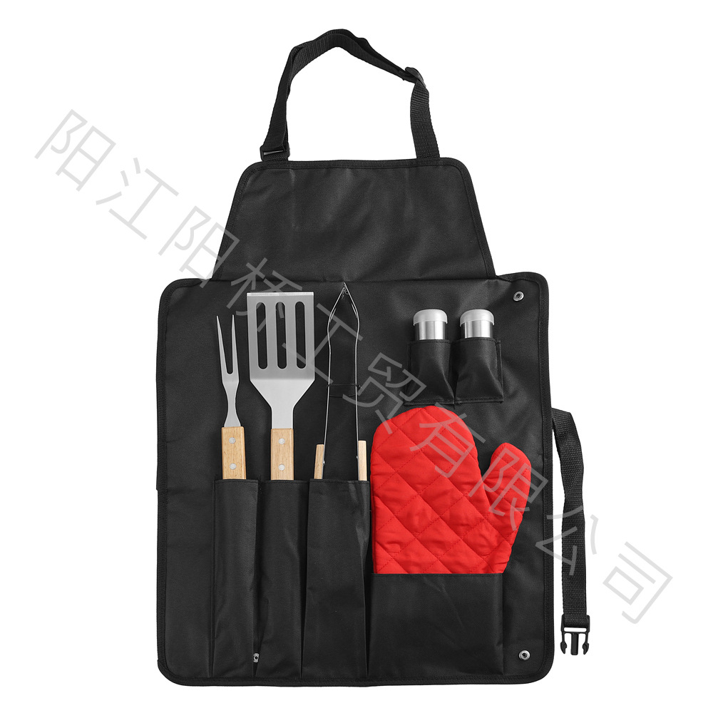 Spot fabricante de herramientas de barbacoa de acero inoxidable al aire libre BBQ mango de madera bolsa de falda clip de horquilla combinación equipo de parrilla juego completo