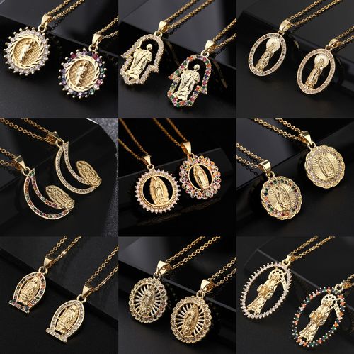 Eurasian fashion cross-border religious copper micro-inlaid colorful zirconia pendant women's jewelry Our Lady of Mary necklace