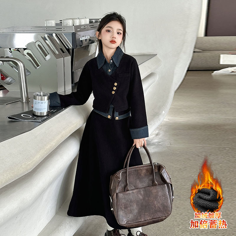 소녀들의 가을과 겨울 기모 중대 아이들과 어린 소녀들을 원피스 두꺼운 세트 유행 서양식 어린이 겨울 원피스