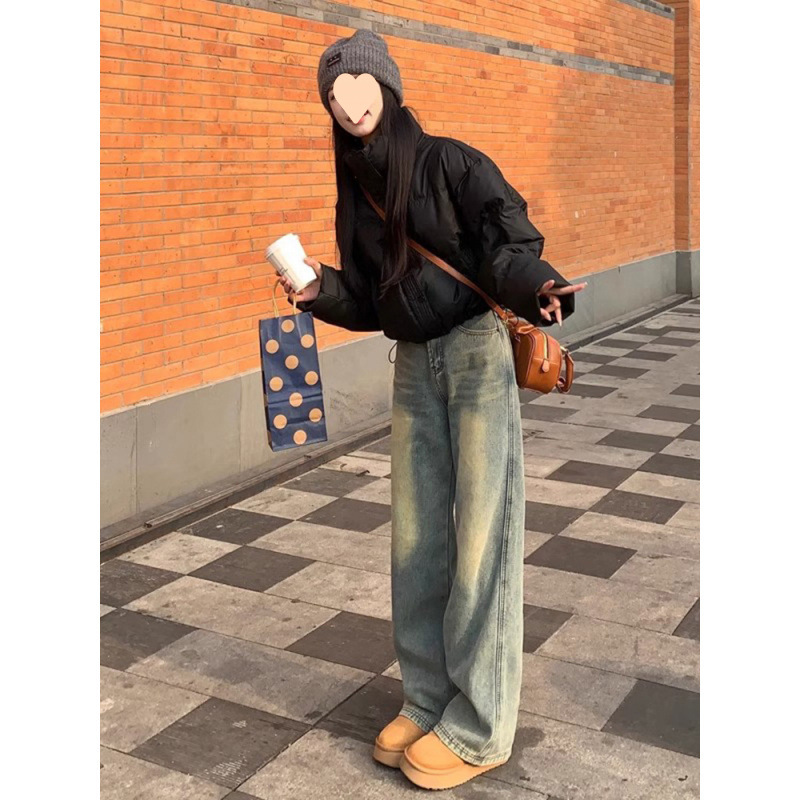 아메리칸 스타일 레트로 하이 스트리트 청바지 여성의 가을과 겨울 새로운 스타일 작은 스트레이트 바지는 오래 된 느슨한 넓은 다리 바지를 씻었습니다.