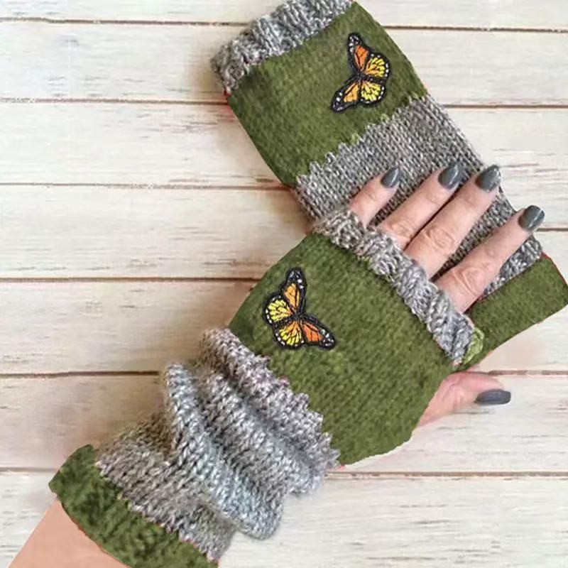 Knitted Fingerless Gloves For Women Warm Embroidered Patchwork_voghion.com