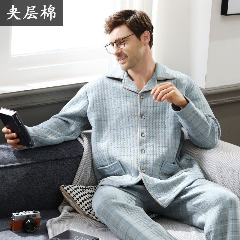 Primavera y otoño se puede usar para hombre pesado pijama intercalado aire caliente algodón otoño y invierno ropa para el hogar de hombre grande