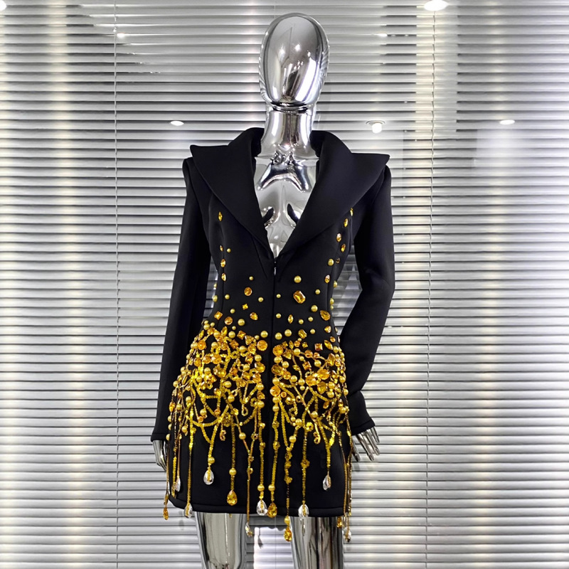 Cross-Border Luxury Rhinestone Sequin Pearl Sexy Low-Cut Suit Dress European and American Fashion Party Performance Dress