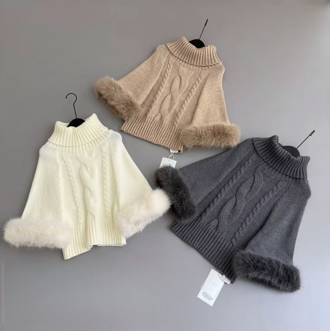 2025年秋冬季新款袖口狐狸毛高领麻花针织套头女款毛衣上衣外套