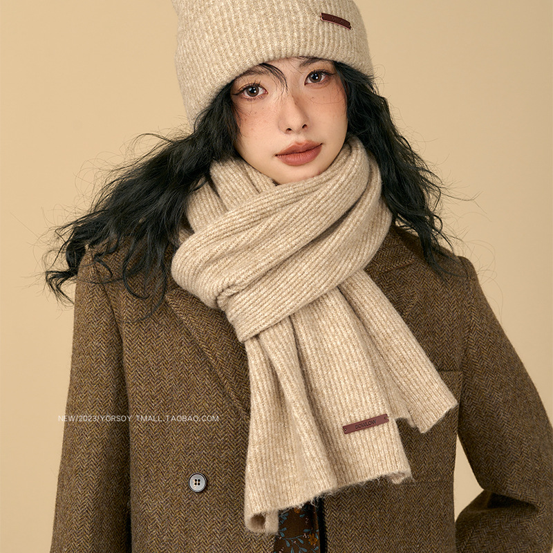 Solid color winter retro khaki knitted keep warm scarf