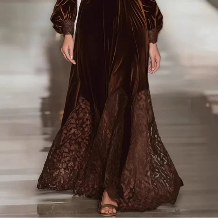 European And American Style Women's Brown Lace Long Sleeve Slim Fit Patchwork Dress 2025 Independent Website_ecoleips.com