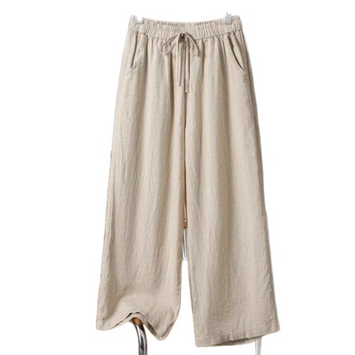 Cotton-Linen Wide-Leg Pants for Women, Zen Style, Autumn High-Waisted, Flowing Linen Cropped Pants, Plus-Size Tai Chi Pants with Drawstring, Straight-Leg Casual Trousers
