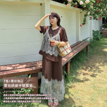 爱元2025夏季新款大码女装蕾丝吊带+圆领T恤+半裙套装8990+8991