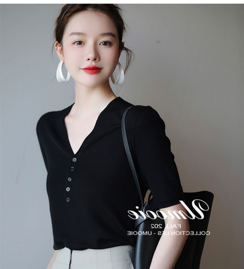 Áo len dệt kim tay lỡ cổ V dáng ôm chất liệu lụa đá mùa hè, mỏng nhẹ đa năng — đen chi tiết 12