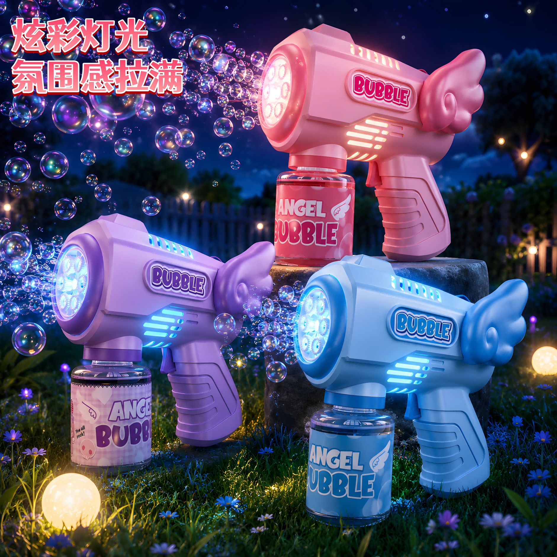 Selección estricta de juguetes de máquina de burbujas de ángeles, pistolas de burbujas eléctricas de mano para niños, soplado automático de burbujas para tiendas al por mayor