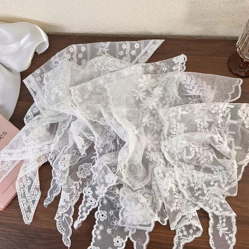 White Lace Triangle Scarf Belt with Jeans Shirt Waist Accessories Silk Scarf Pastoral Style Sun Protection Headscarf for Women