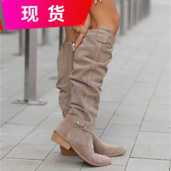 低跟大码40-43侧拉链烧花高筒女靴外贸款秋季新品跨境款镂空网靴