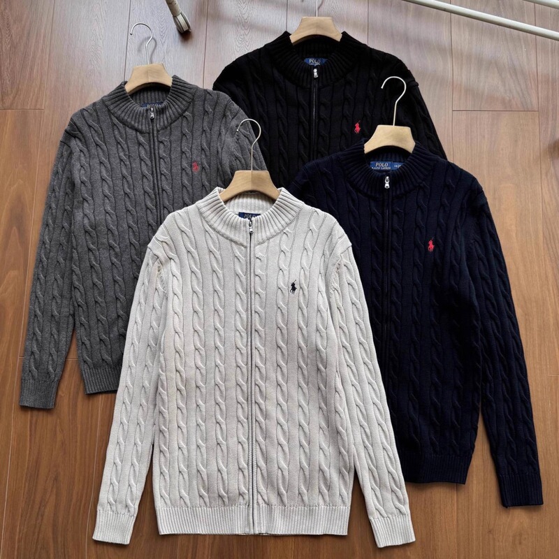 Cross-Border Rl High-Quality Cable Knit Full-Zip Stand Collar Cardigan Sweater Classic Old Money Style Thickened