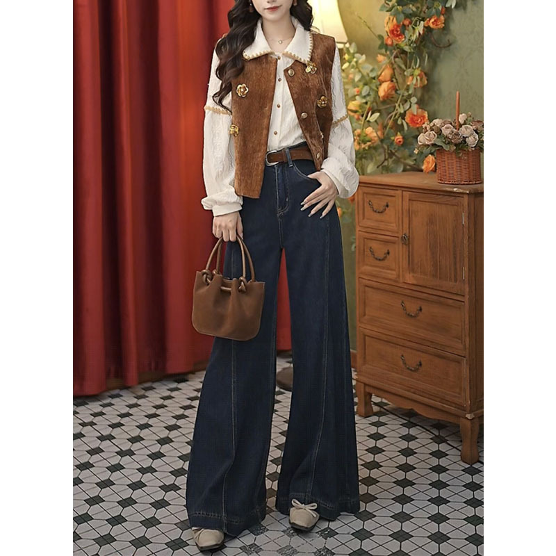 2025春秋搭配一整套装复古港风气质减龄显瘦衬衫马甲阔腿裤三件套