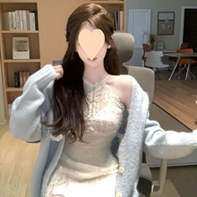 慵懒风秋季欲蕾丝拼接甜美可爱少女显高收腰连衣裙套装