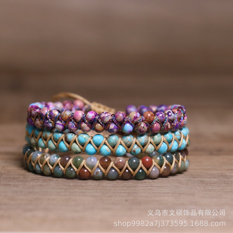 Amazon New Indian Agate 4mm Bracelet Handmade Beaded Braided Bracelet Double Layer Stone Wrap Bracelet