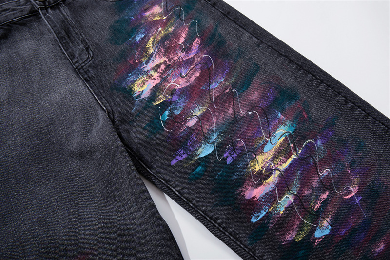 Men's Distressed Straight Leg Jeans Artistic Street Style Black Gray Oil Painting Pattern Casual Normcore mid Waist Zipper Fly_mkmklike.com
