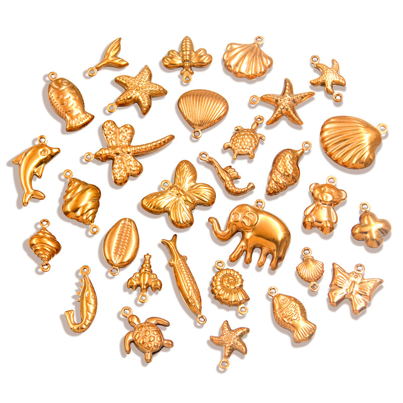 Multiple Styles of 304 Stainless Steel Gold-Plated Hollow Ocean Charm Pendants, Shell, Conch, and Turtle Bracelet Accessories