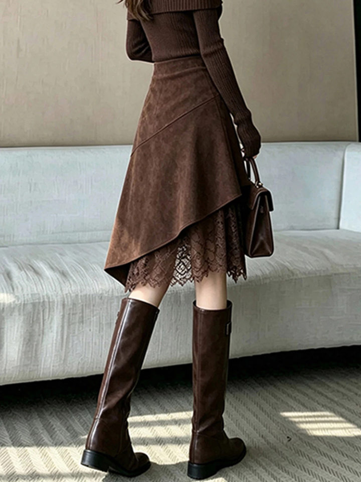 Chân váy nữ dáng chữ A eo cao lưng cao phong cách thanh lịch, chất liệu da hươu mềm mịn, thiết kế bất đối xứng, dáng trung dài — Màu cà phê đậm, màu kaki, đen