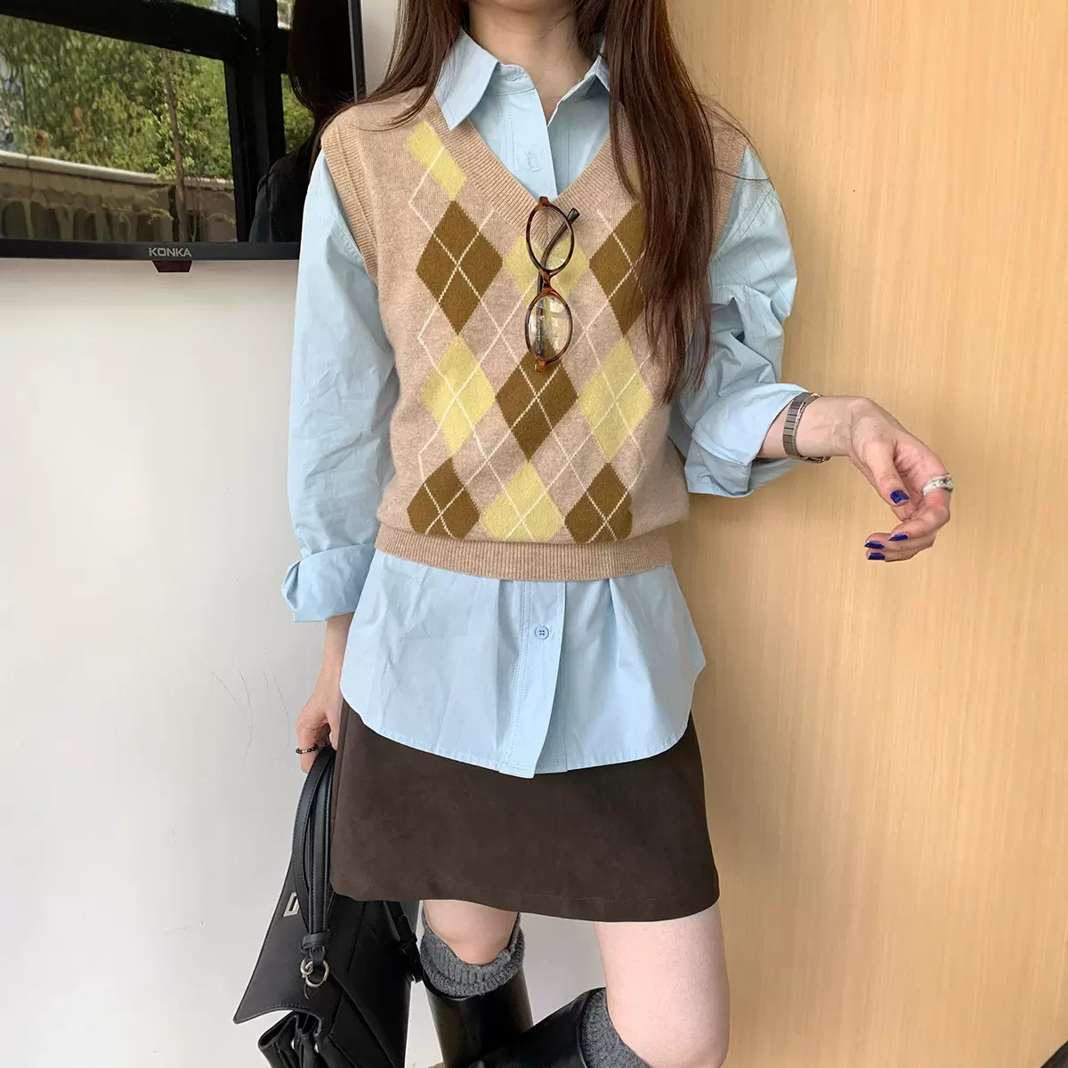 70羊毛无袖针织上衣秋季新款韩系复古学院风叠穿菱格v领马甲背心
