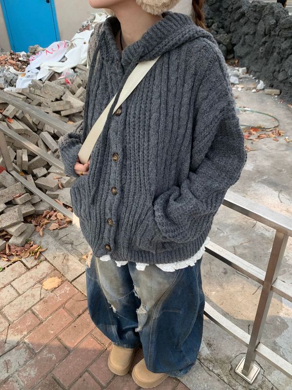 毛衣女开衫外套设计感小众宽松复古慵懒风口袋连帽百搭针织衫上衣|undefined