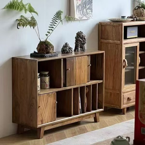 Retro Old Elm Sideboard Weathered Living Room Tea Cabinet Solid Wood Tea Storage Cabinet Elm Furniture Side Cabinet