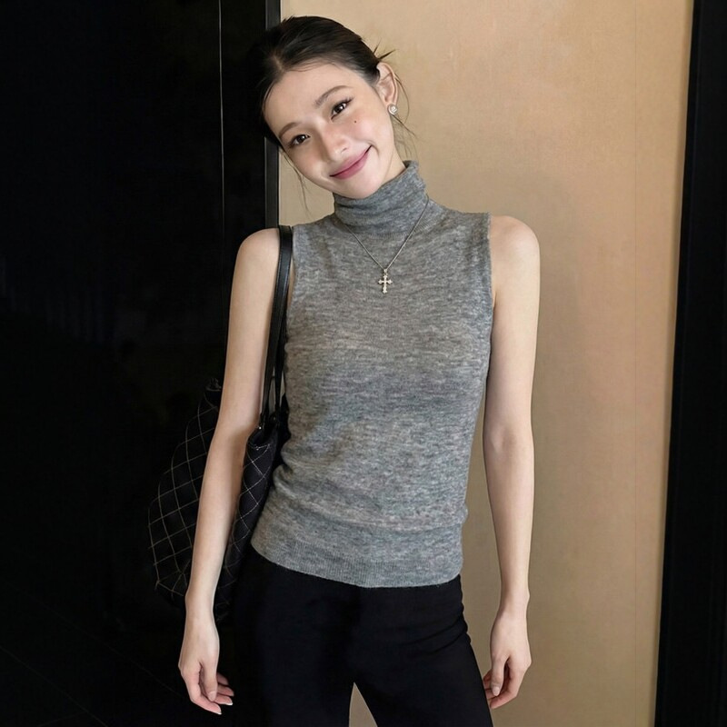 Gray High-Neck Knitted Camisole for Women, Summer 2026 New Style, Slim Fit, Chic Inner Wear, Sleeveless Top