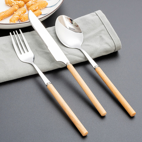 Wooden thin handle dessert fork and spoon 410 stainless steel tableware three-piece steak western food tableware knife, fork and spoon set