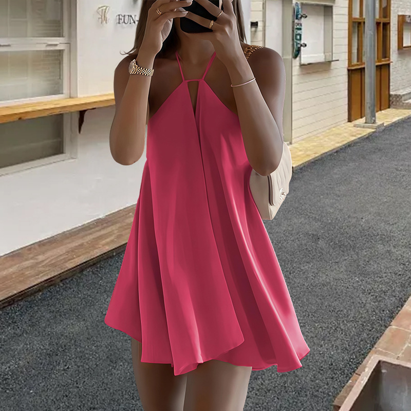 Women's Sexy Deep V Neck Backless Halter Neck Loose A-Line Dress European American Style 2025 Cross Strap Dress_ecoleips.com