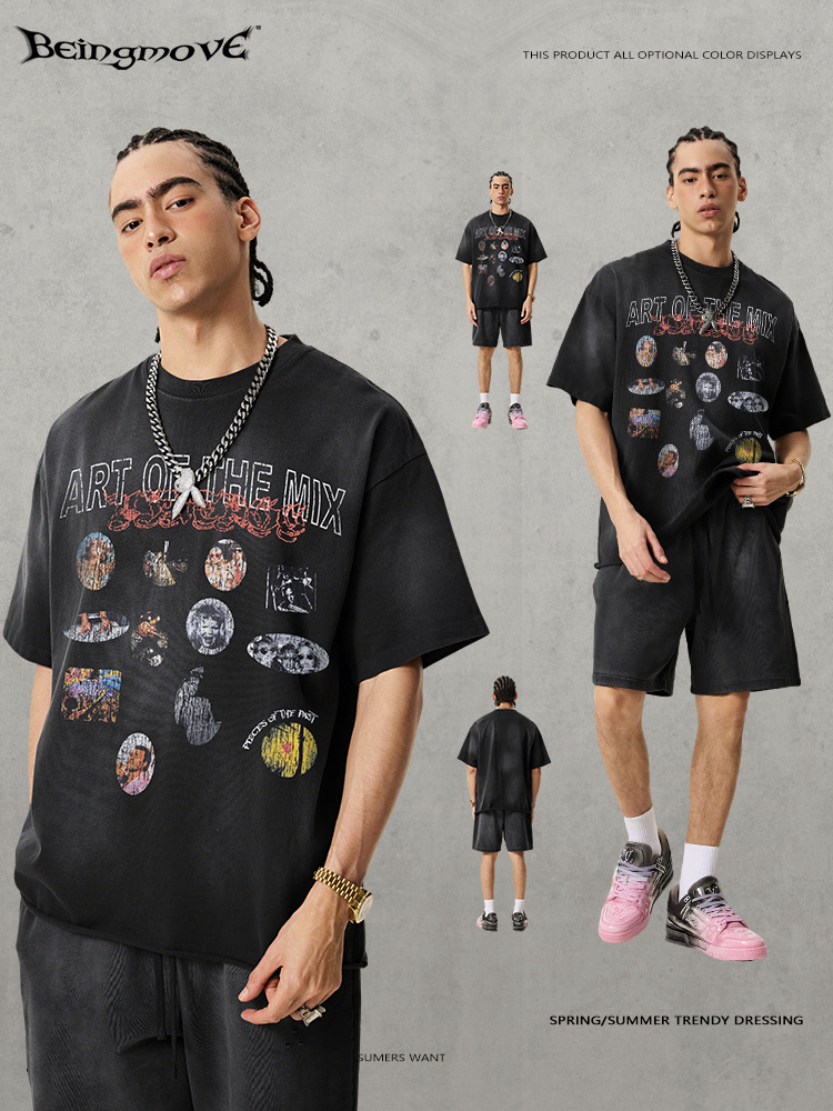 Calle secada| 2026 nuevo estilo americano High Street retro hacer vieja camiseta lavada empalme impresión de pulverización de caballo camiseta de manga corta para hombres