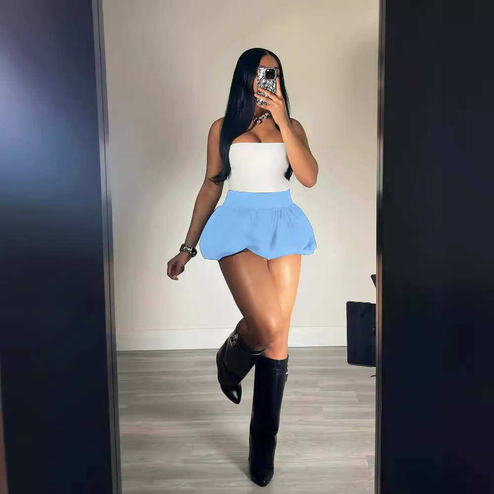 Women's Clothing D10100 style mini pleated skirt Bubble bubble skirt solid color elastic waist super short mini skirt_voghion.com